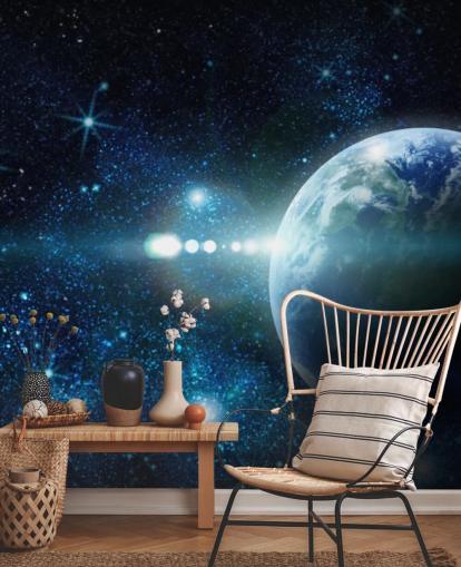 mörkblå och vit anpassningsbar planet tapet kallad Realistic Planet Earth in Space för sovrum