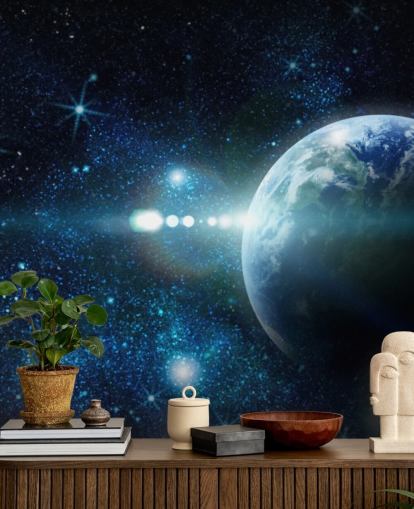 carta da parati personalizzabile blu scuro e bianco chiamata Realistic Planet Earth in Space per camere da letto carta da parati personalizzabile blu scuro e bianco chiamata Realistic Planet Earth in Space per camere da letto