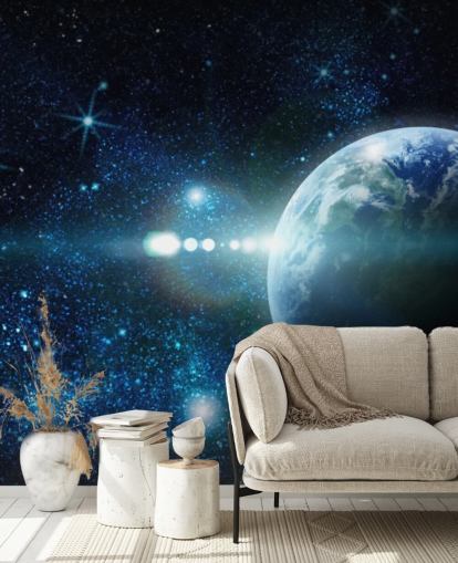 carta da parati personalizzabile blu scuro e bianco chiamata Realistic Planet Earth in Space per camere da letto