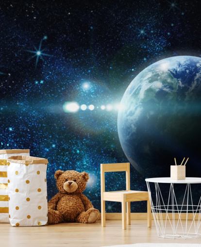 donkerblauw en wit aanpasbaar planeetbehang genaamd Realistic Planet Earth in Space voor slaapkamers