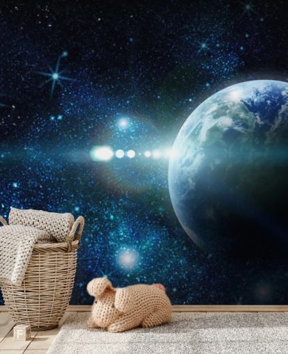 papier peint de planète personnalisable bleu foncé et blanc appelé Realistic Planet Earth in Space pour les chambres