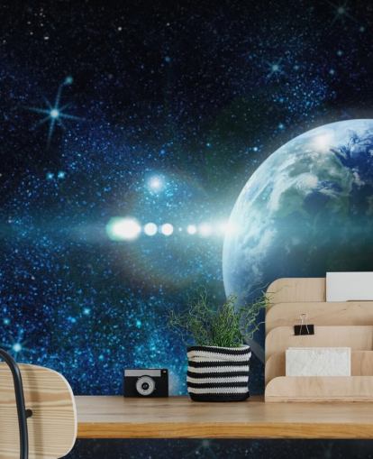 papel de parede de planeta personalizável em azul escuro e branco chamado Realistic Planet Earth in Space para quartos