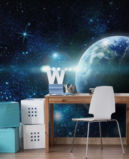 papel pintado de planetas personalizable en azul oscuro y blanco llamado Realistic Planet Earth in Space para dormitorios
