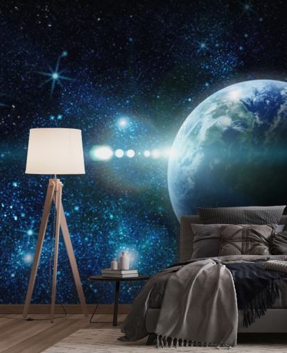mörkblå och vit anpassningsbar planet tapet kallad Realistic Planet Earth in Space för sovrum