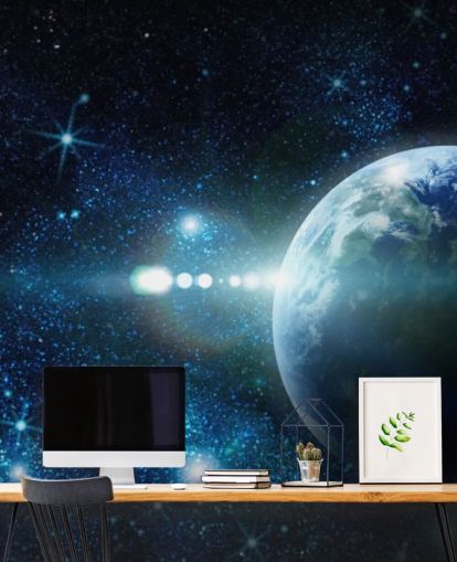 mörkblå och vit anpassningsbar planet tapet kallad Realistic Planet Earth in Space för sovrum