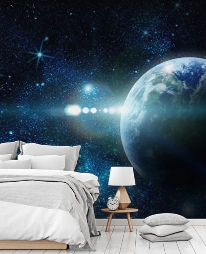 carta da parati personalizzabile blu scuro e bianco chiamata Realistic Planet Earth in Space per camere da letto