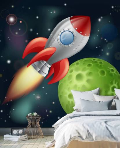 Cartoon Rocket Speeding Across Space Mural