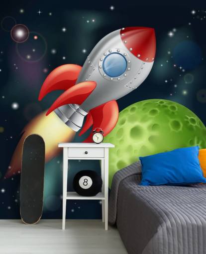 Cartoon Rocket Speeding Across Space Mural