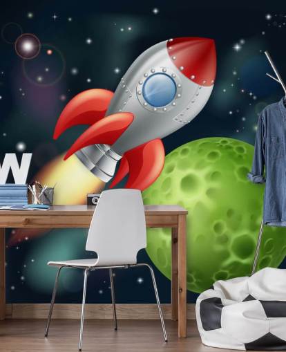 Cartoon Rocket Speeding Across Space Mural