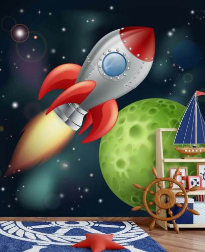 Cartoon Rakete rasend quer durch den Weltraum Wandbild