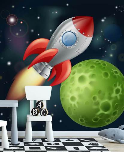 Foguete dos desenhos animados acelerando pelo mural espacial Foguete dos desenhos animados acelerando pelo mural espacial