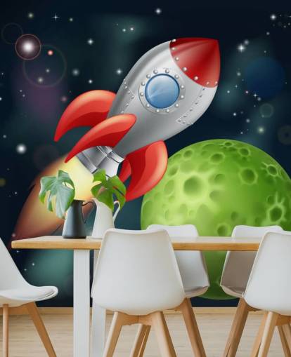 Foguete dos desenhos animados acelerando pelo mural espacial