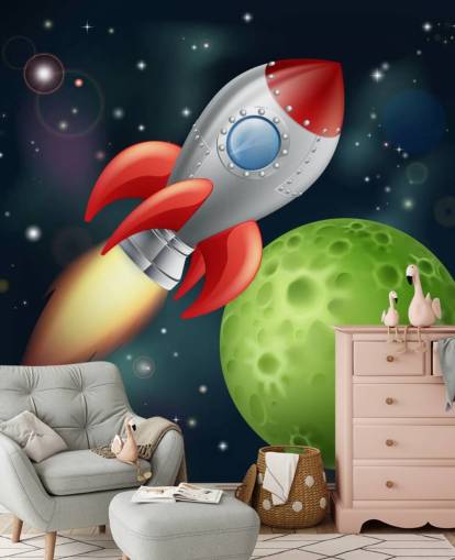 Cartoon Rocket Speeding Across Space Mural