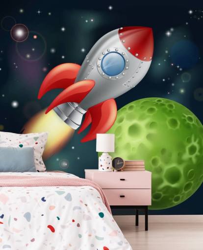 Cartoon Rocket Speeding Over de ruimte Muurschildering