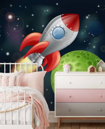 Foguete dos desenhos animados acelerando pelo mural espacial