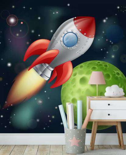 Decorazione murale con razzo dei cartoni animati nello spazio