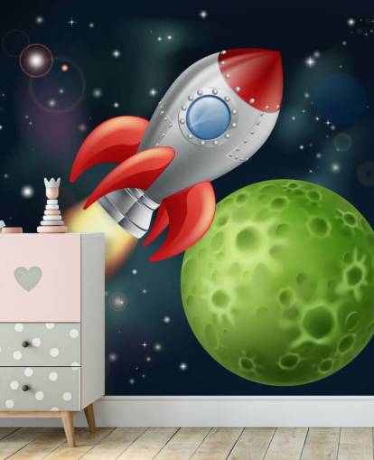 Cartoon Rakete rasend quer durch den Weltraum Wandbild