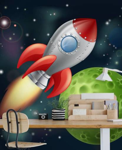 Cartoon Rocket Speeding Over de ruimte Muurschildering
