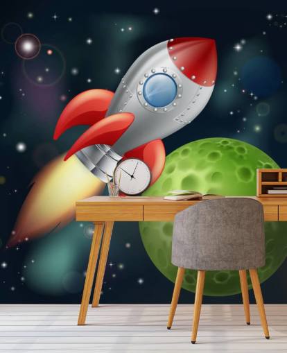 Cartoon Rocket Speeding Across Space Mural