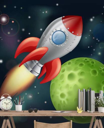Cartoon Rocket Speeding Across Space Mural