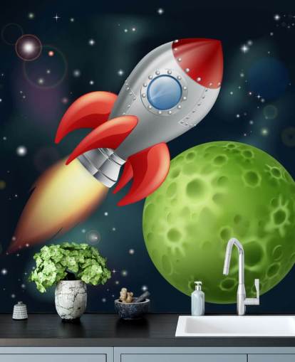 Cartoon Rocket Speeding Across Space Mural Cartoon Rocket Speeding Across Space Mural