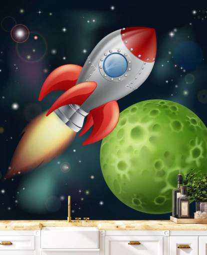 Cartoon Rakete rasend quer durch den Weltraum Wandbild