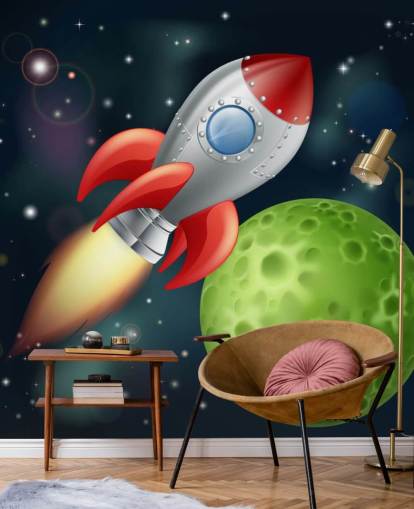 Cartoon Rocket Speeding Across Space Mural