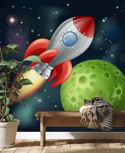 Cartoon Rocket Speeding Across Space Mural