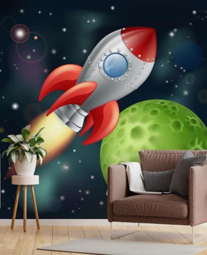 Cartoon Rocket Speeding Across Space Mural