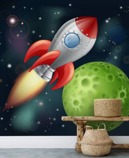 Cartoon Rocket Speeding Across Space Mural