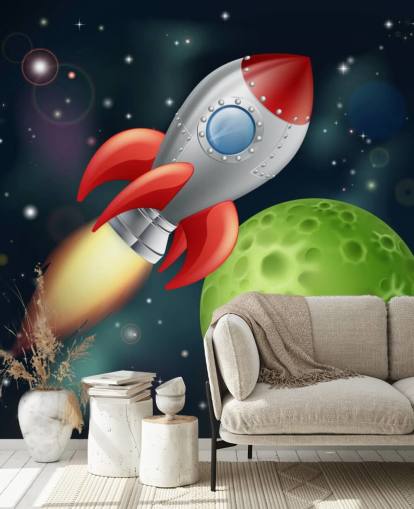 Cartoon Rocket Speeding Across Space Mural