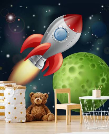 Decorazione murale con razzo dei cartoni animati nello spazio Decorazione murale con razzo dei cartoni animati nello spazio