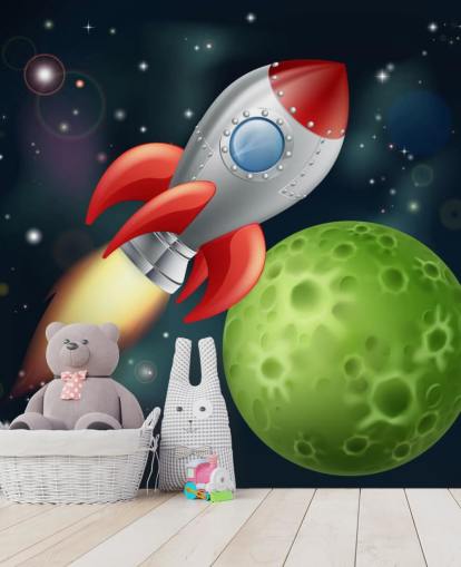 Cartoon Rocket Speeding Over de ruimte Muurschildering