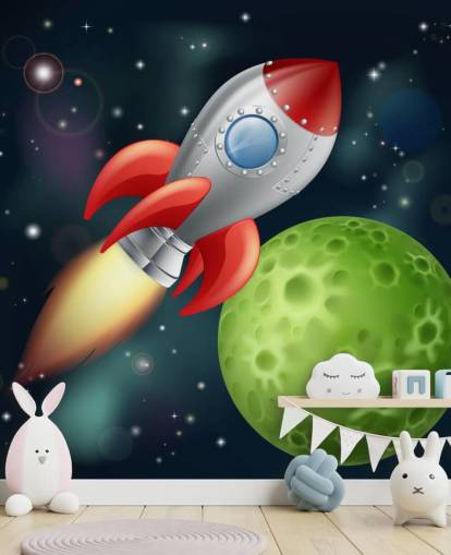Cartoon Rocket Speeding Across Space Mural