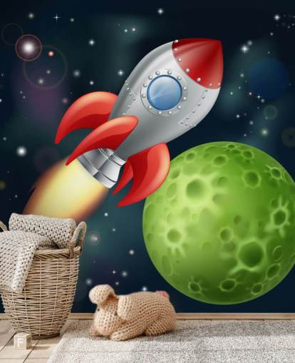 Foguete dos desenhos animados acelerando pelo mural espacial