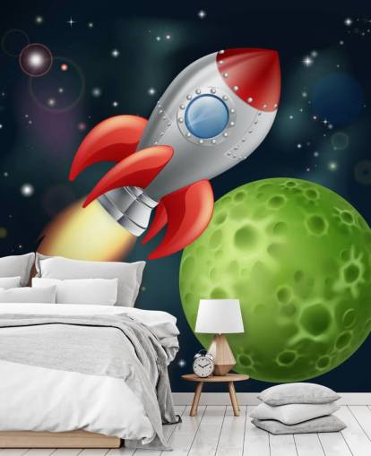 Cartoon Rocket Speeding Over de ruimte Muurschildering