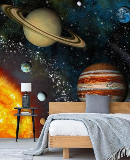 papier peint mural coloré personnalisable appelé 3D Solar System pour chambre d'enfant