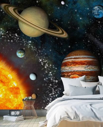 papier peint mural coloré personnalisable appelé 3D Solar System pour chambre d'enfant