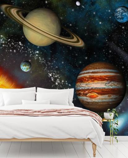 mural colorido de papel de parede espacial personalizável chamado 3D Solar System para quarto de criança