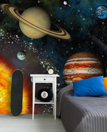 Buntes, individuell gestaltbares Weltraum-Wandbild mit dem Titel 3D Solar System für das Kinderzimmer