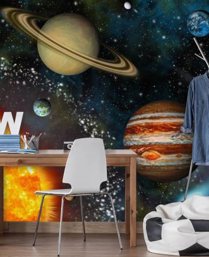 färgglad anpassningsbar rymdtapet väggmålning kallad 3D Solar System för barnets sovrum