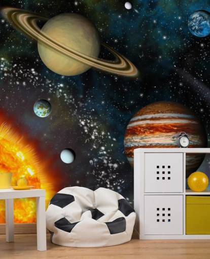 colorido mural de papel pintado espacial personalizable llamado Sistema Solar 3D para dormitorio infantil