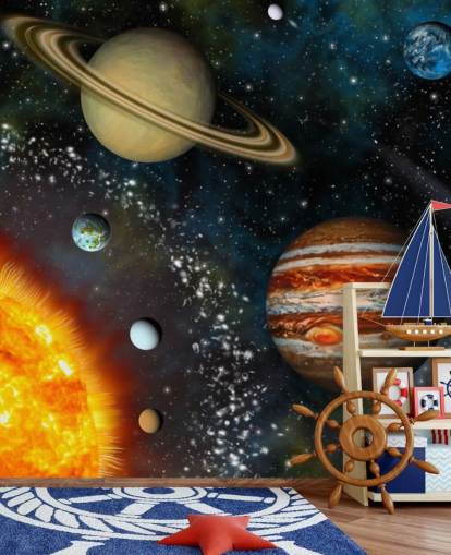 colourful customisable space wallpaper mural called 3D Solar System for child's bedroom