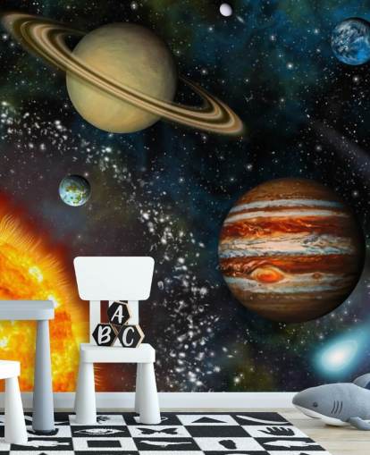 värikäs muokattava tilataustakuva seinämaalaus nimeltä 3D Solar System lapsen makuuhuoneeseen