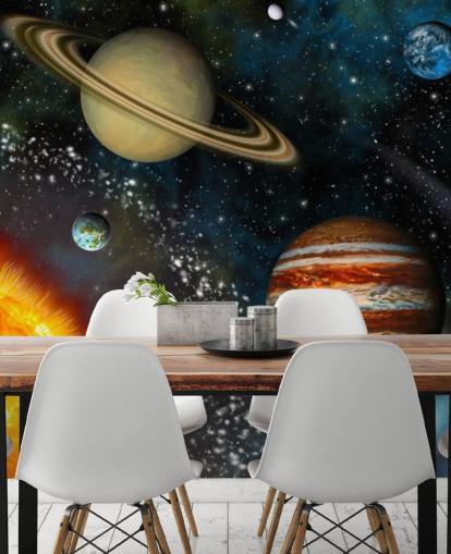 colorido mural de papel pintado espacial personalizable llamado Sistema Solar 3D para dormitorio infantil