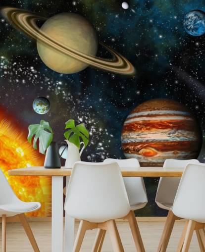 colorful customizable space wallpaper mural called 3D Solar System for child's bedroom