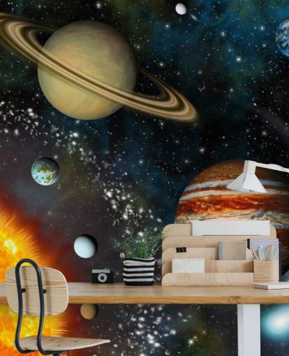 carta da parati spaziale colorata personalizzabile chiamata 3D Solar System per la camera da letto dei bambini