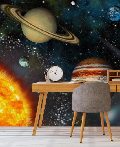 farverigt tilpasseligt rumtapetmaleri kaldet 3D Solar System til barnets soveværelse