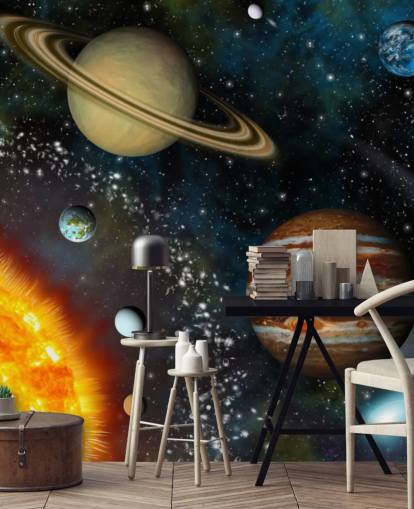 colorido mural de papel pintado espacial personalizable llamado Sistema Solar 3D para dormitorio infantil