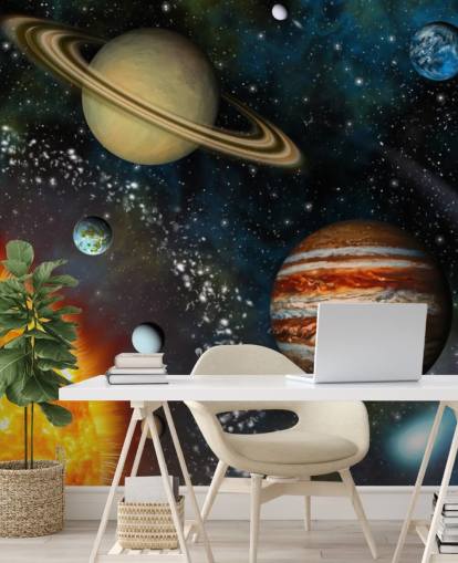 colorful customizable space wallpaper mural called 3D Solar System for child's bedroom